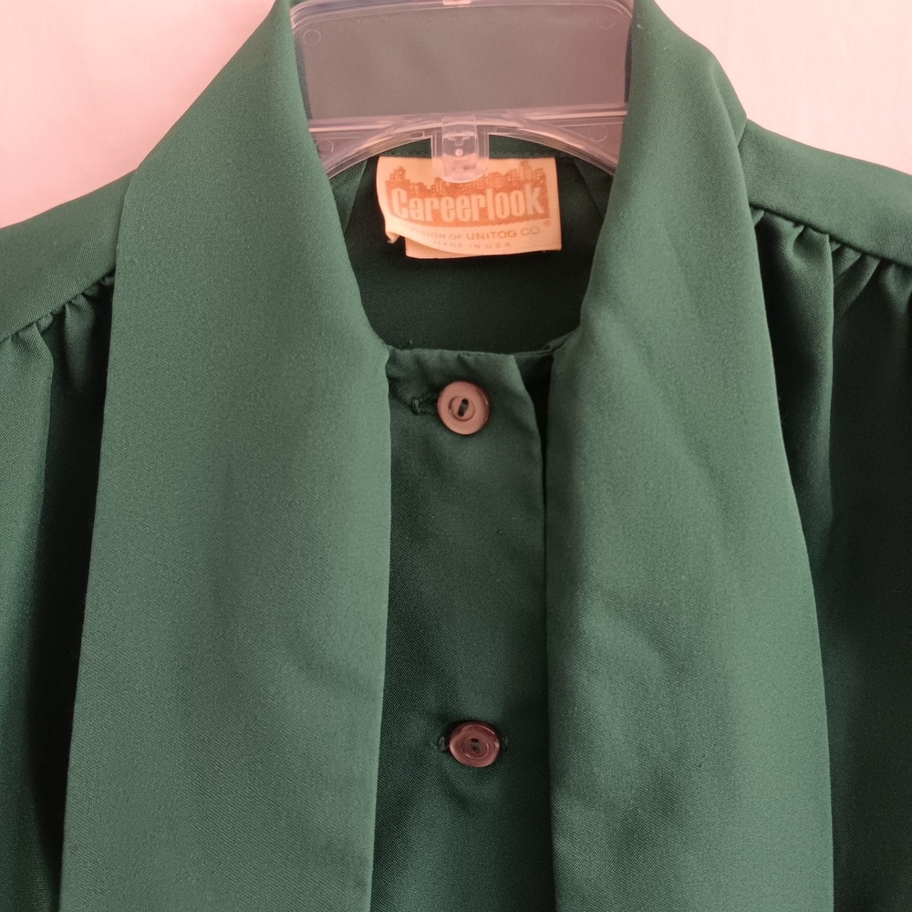 Careerlook Blouse Women Medium Green Excellent Vintage Tie Neck Button Up Top - Picture 2 of 9